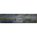 A large 20th Century Maltese oil on canvas, depicting a harbour scene with boats,