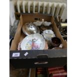 A box of mixed items to include a silver-plated entree dish, various floral decorated plates,