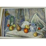 A contemporary acrylic still life study with fruit and kitchen wares, 58x90cm,