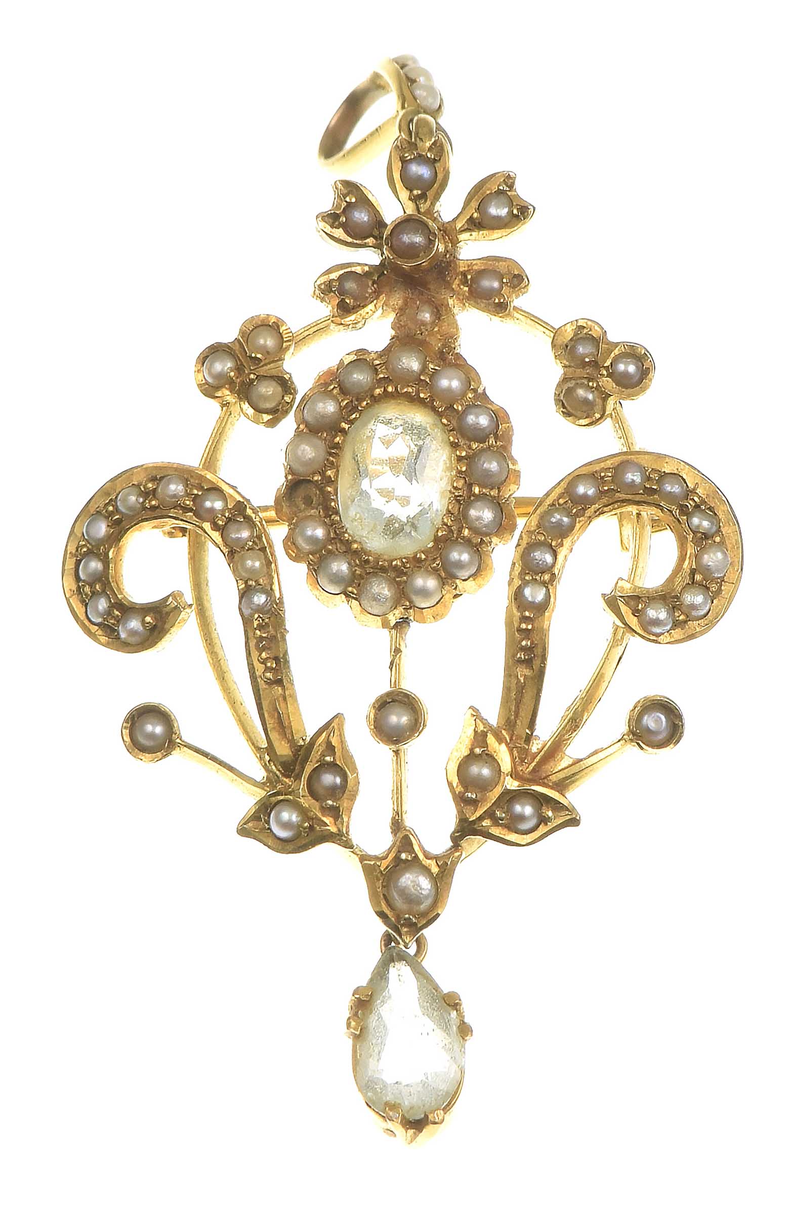 An Edwardian aquamarine and seed pearl pendant/ broochCentering an ...