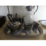 A silver-plated four piece tea/coffee set, together with a serving tray,