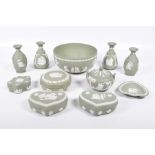 A collection of green Jasperware Comprising various bowls, lidded pots,