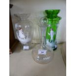 A mixed lot comprising two Mary Gregory style vases, one in clear and one in green glass,