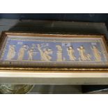 A rectangular blue Jasperware plaque decorated with classically dressed figures in modern gilt