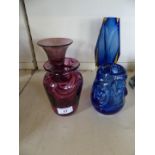 A mixed lot of 20th Century coloured art glasswares to include an Adrian Sankey vase with swirled