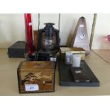 A mixed lot comprising 20th Century wooden cased metronome, a boxed Brownie camera,