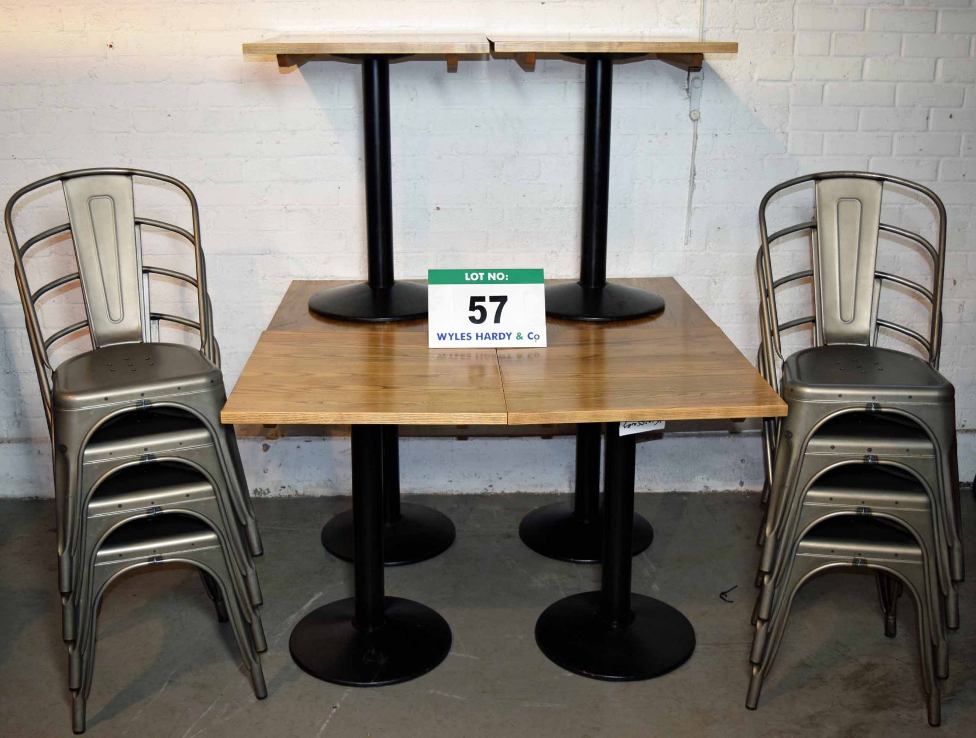 Six 600mm x 600mm Solid Oak Café Tables with Heavy Duty Pedestal Base & Adjustable Feet and Eight