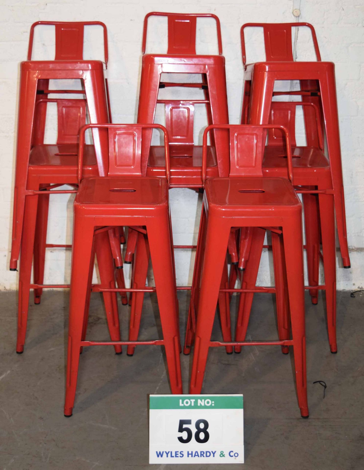 Eight Red Painted Steel Bar Stools