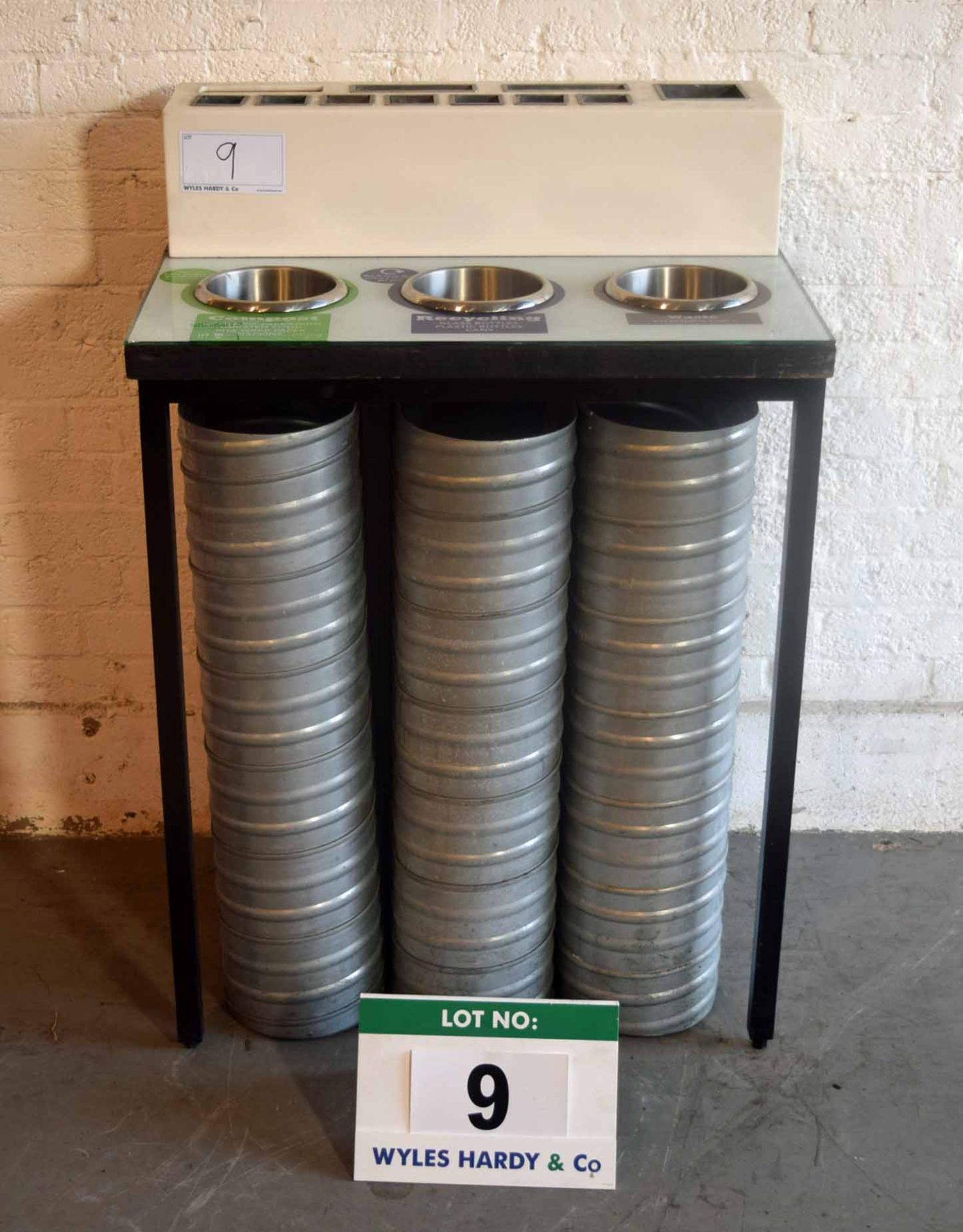 A 770mm 3-Port Recycling Table & Condiment Station with Three Recycle Bins (As Photographed)