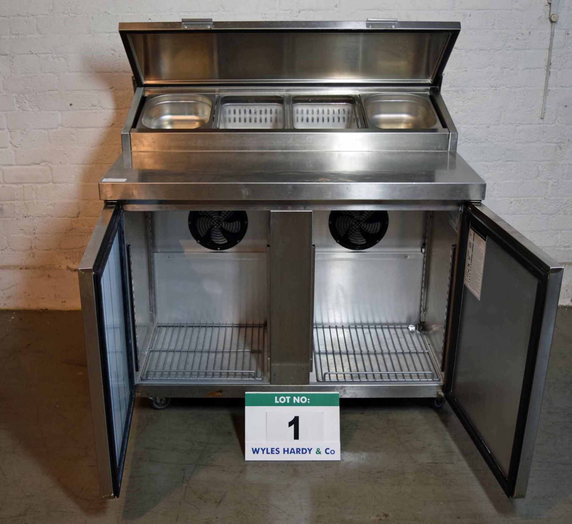 A FOSTER FPS2HR 1150mm x 850mm Stainless Steel Refrigerated Saladette with Preparation Station and