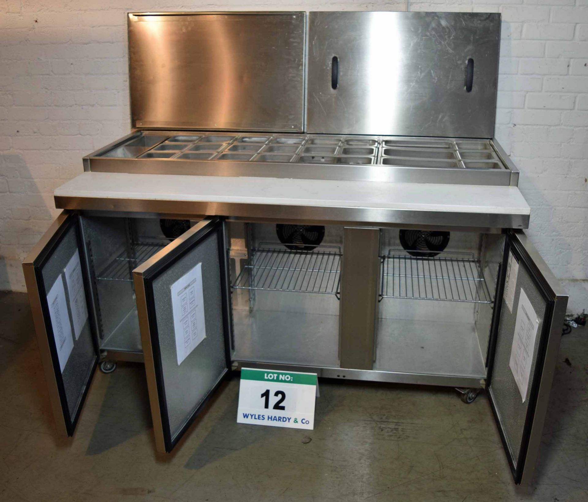 A FOSTER FPS3HR 1.7M Chilled Saladette and Preparation Station with 3-Door Cupboard Storage