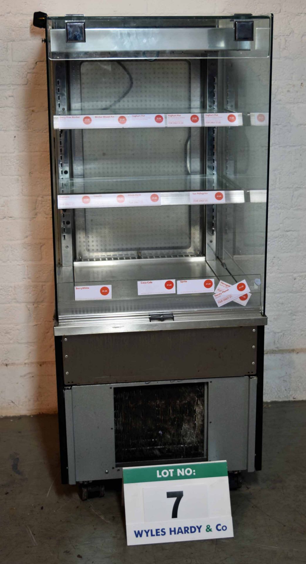 An Unbadged 1400mm high x 600mm wide Open Fronted Glass Chiller Display Cabinet with Two Shelves,