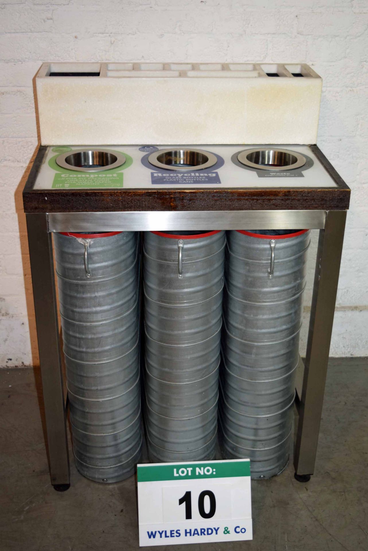 A 770mm 3-Port Recycling Table & Condiment Station with Three Recycle Bins (As Photographed)