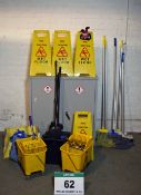 A Grey Steel Low Double Door Cupboard with A Quantity of Cleaning Equipment inlcuding Two Mops,