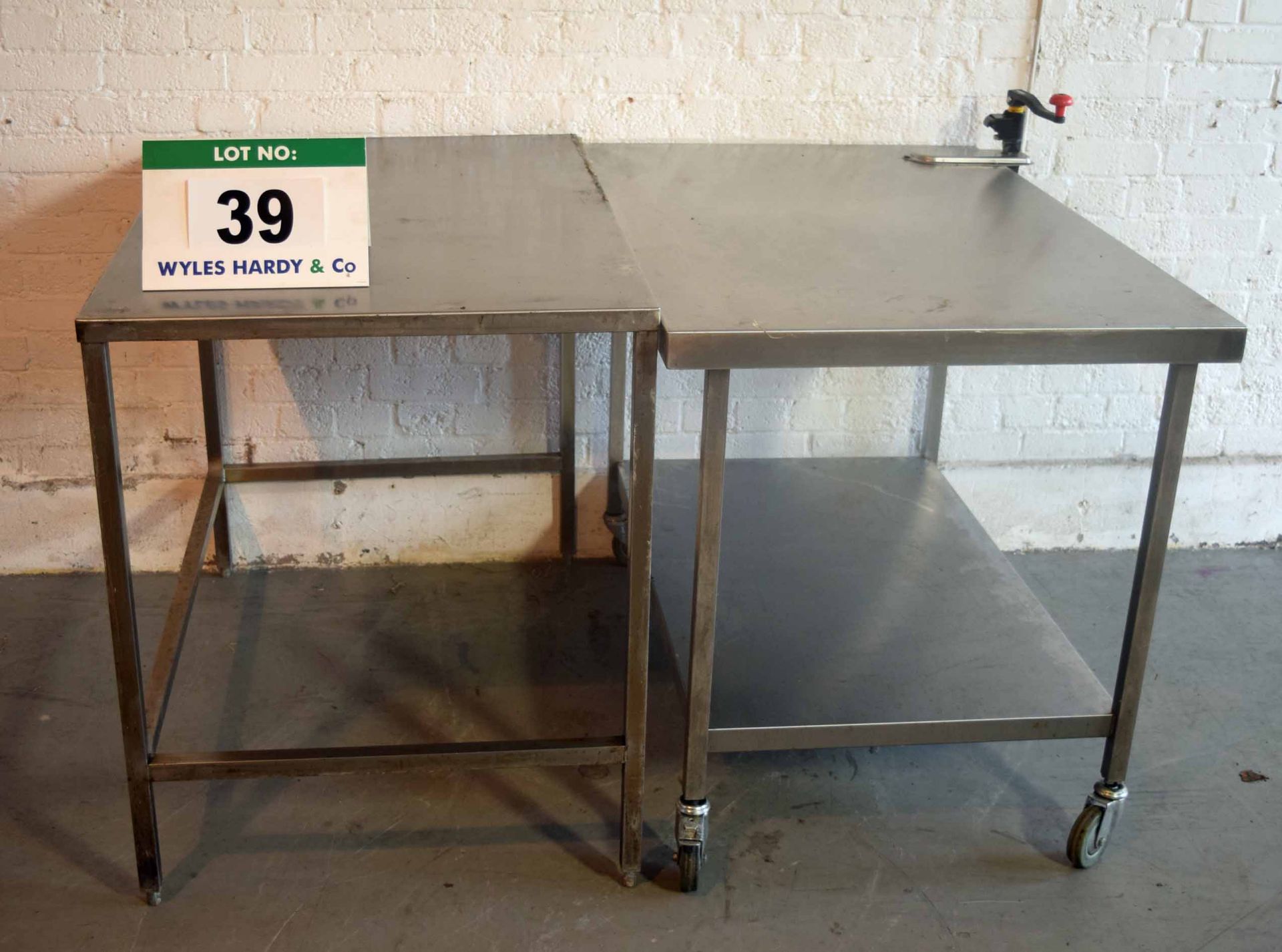 Two approx. 1150mm x 700mm Stainless Steel Preparation Tables with One fitted BONZER Manual Tin