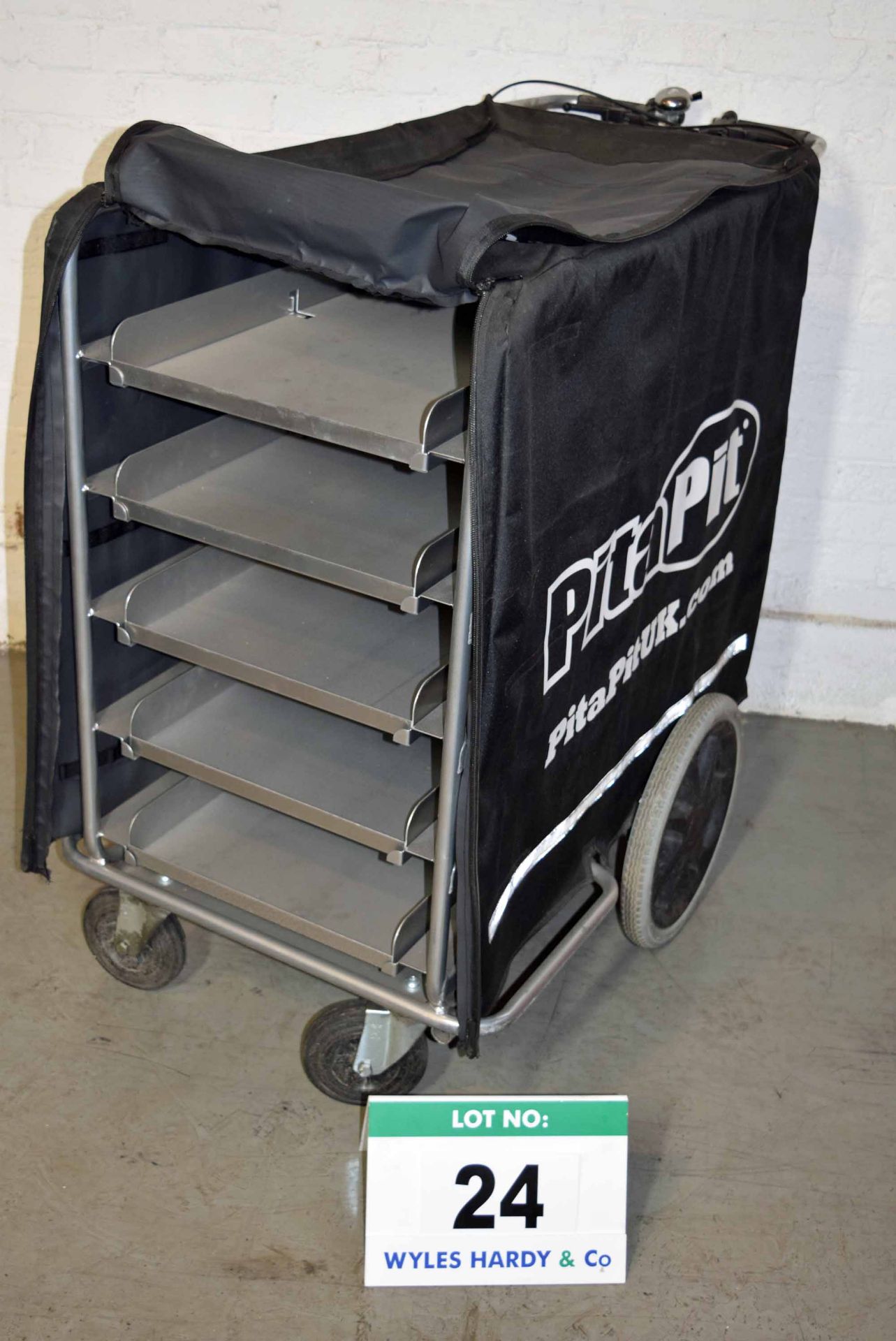 A Braked Pedestrian operated Delivery Trolley with Five Platter Trays & A Bespoke Zipped Cover