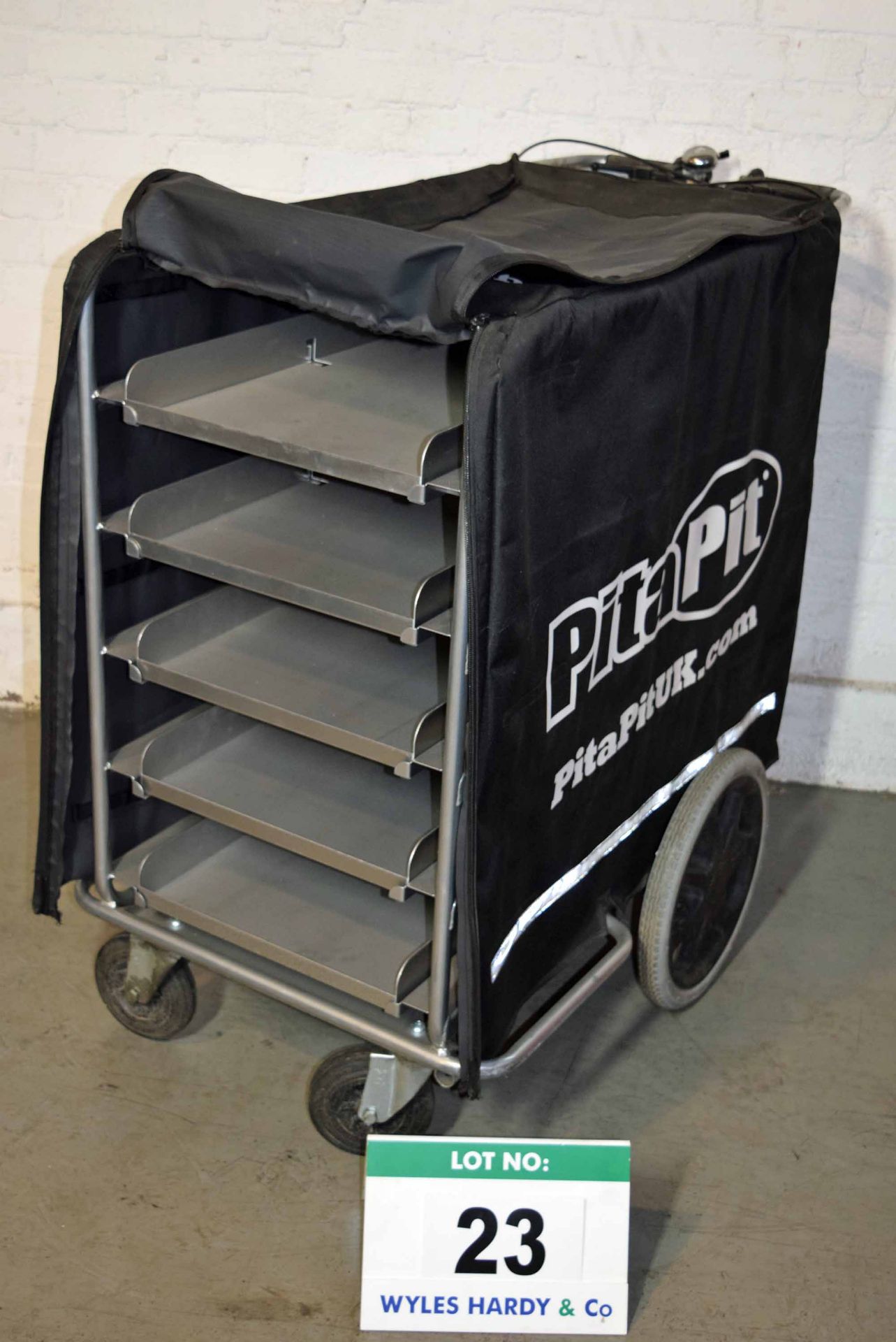 A Braked Pedestrian operated Delivery Trolley with Five Platter Trays & A Bespoke Zipped Cover