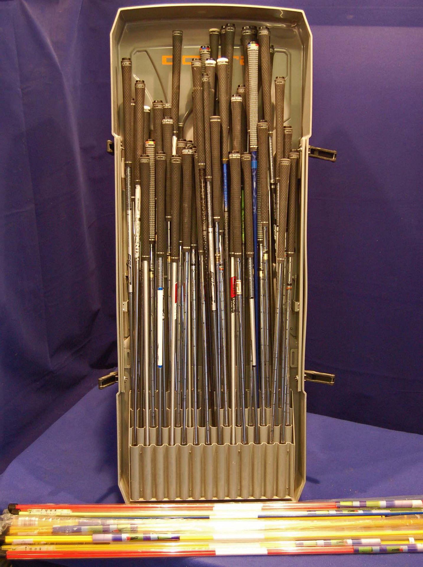 A COBRA 52 Shaft Capacity Golf Club Shaft Display Rack with Approx. Fifty Two Various Shafts & A