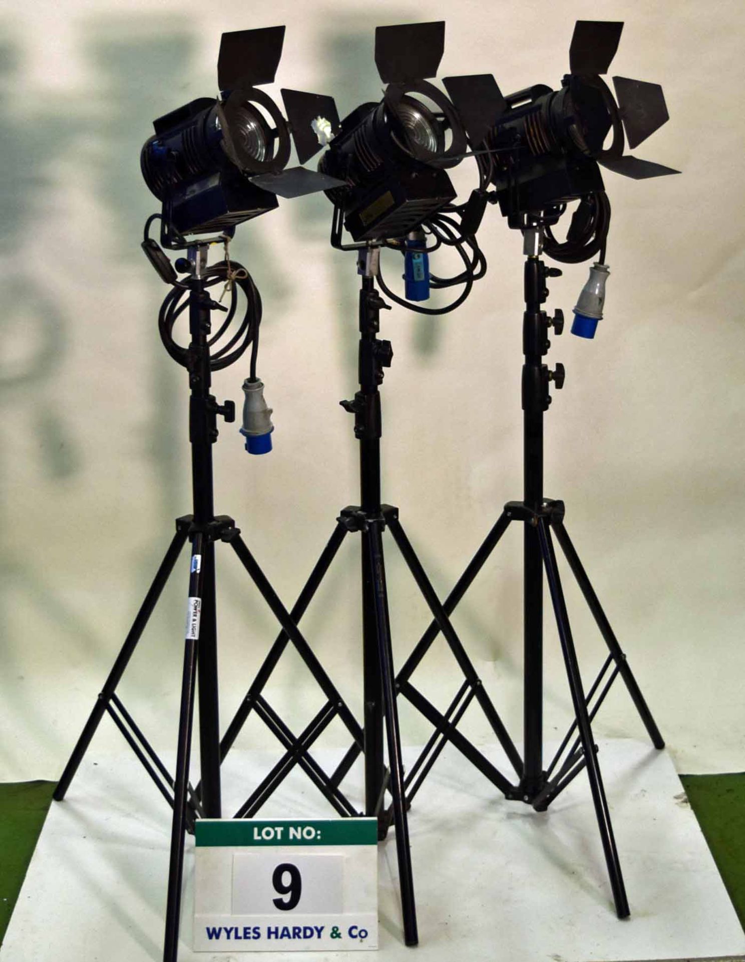 Three LTM LT 650 Watt Pepper FRESNEL Lights with Lightweight Triple Extending Stands (As