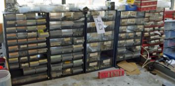 A Quantity of Parts Bins, Multi-Drawer Cabinets & Contents including Nuts, Bolts, Electrical