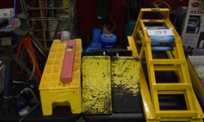 Two Welded Steel Workshop Car Ramps, Four Axle Stands, Six Wheel Chocks & A Pair of Levelling