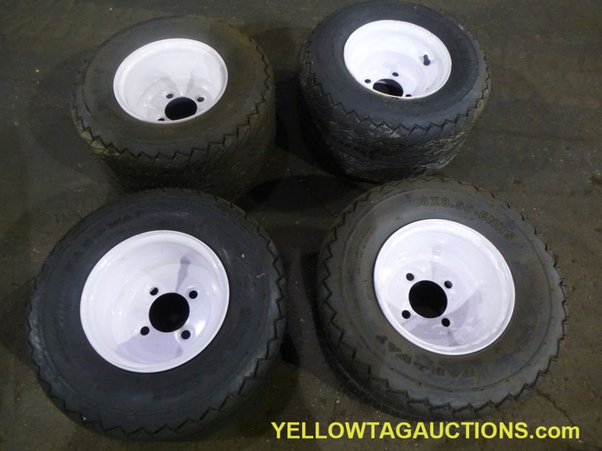 Lot of (12) FarWay 6-Ply Nylon Tires & Wheels|18 X 8.50 - 8NHS|Tag: 442