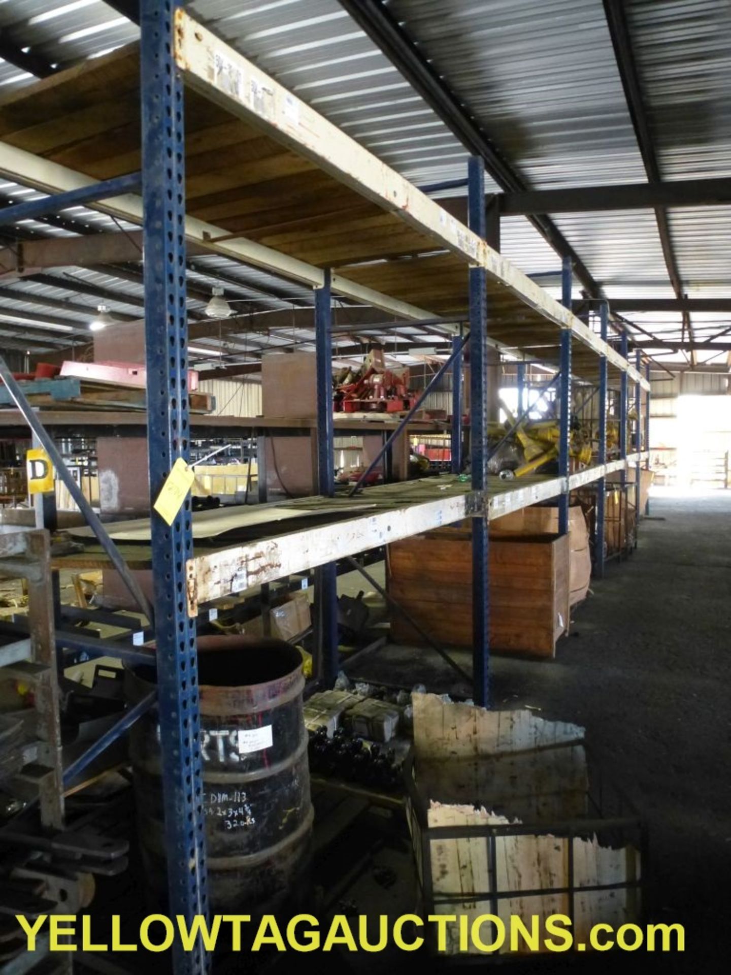 Lot of Assorted Pallet Racking|(7) Tear Drop Uprights, 10' 8" x 42" x 3"; (24) Cross Beams with Wood