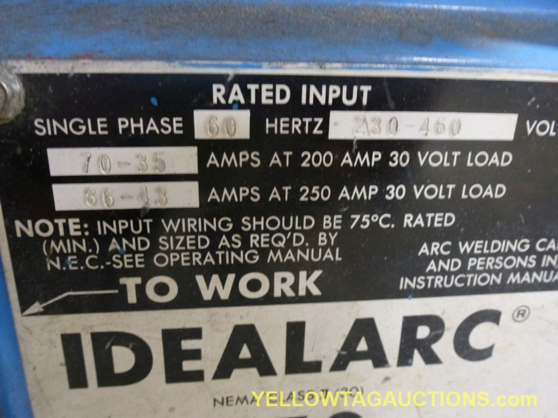 Lincoln IdealArc 250 Arc Welder|Model No. 250-250 Code: 8804; Nema Class 2; Single Phase; 200- - Image 6 of 7