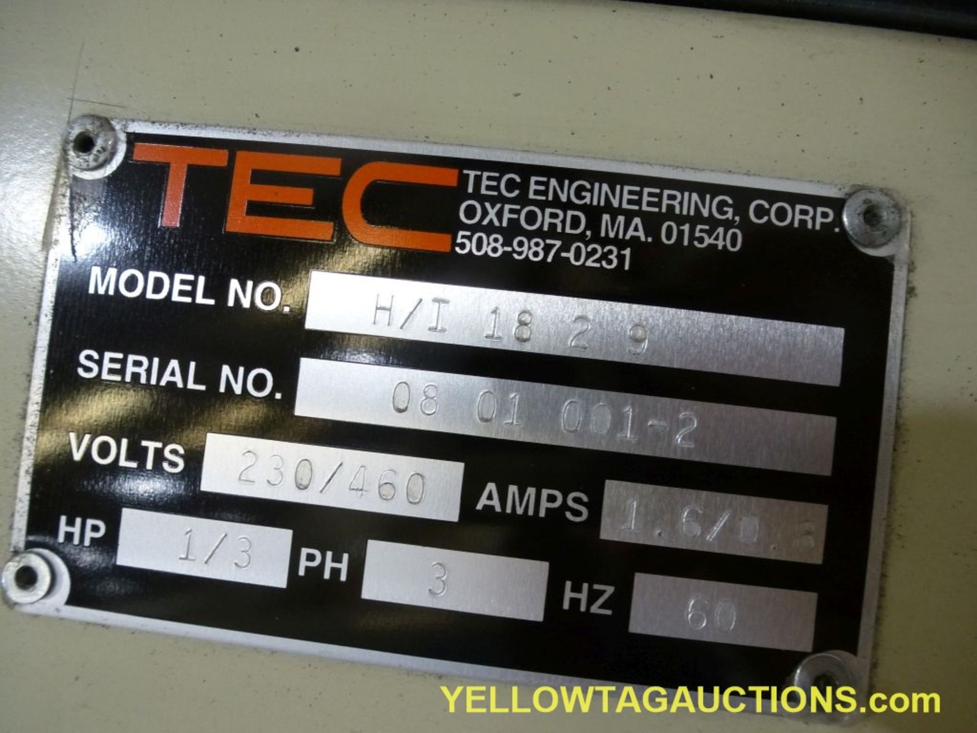 TEC Incline Conveyor|Model No. H/I 18 29; Serial No. 08 01 001-2; 230/460V; 1/3 HP; Length: 110"; - Image 9 of 11