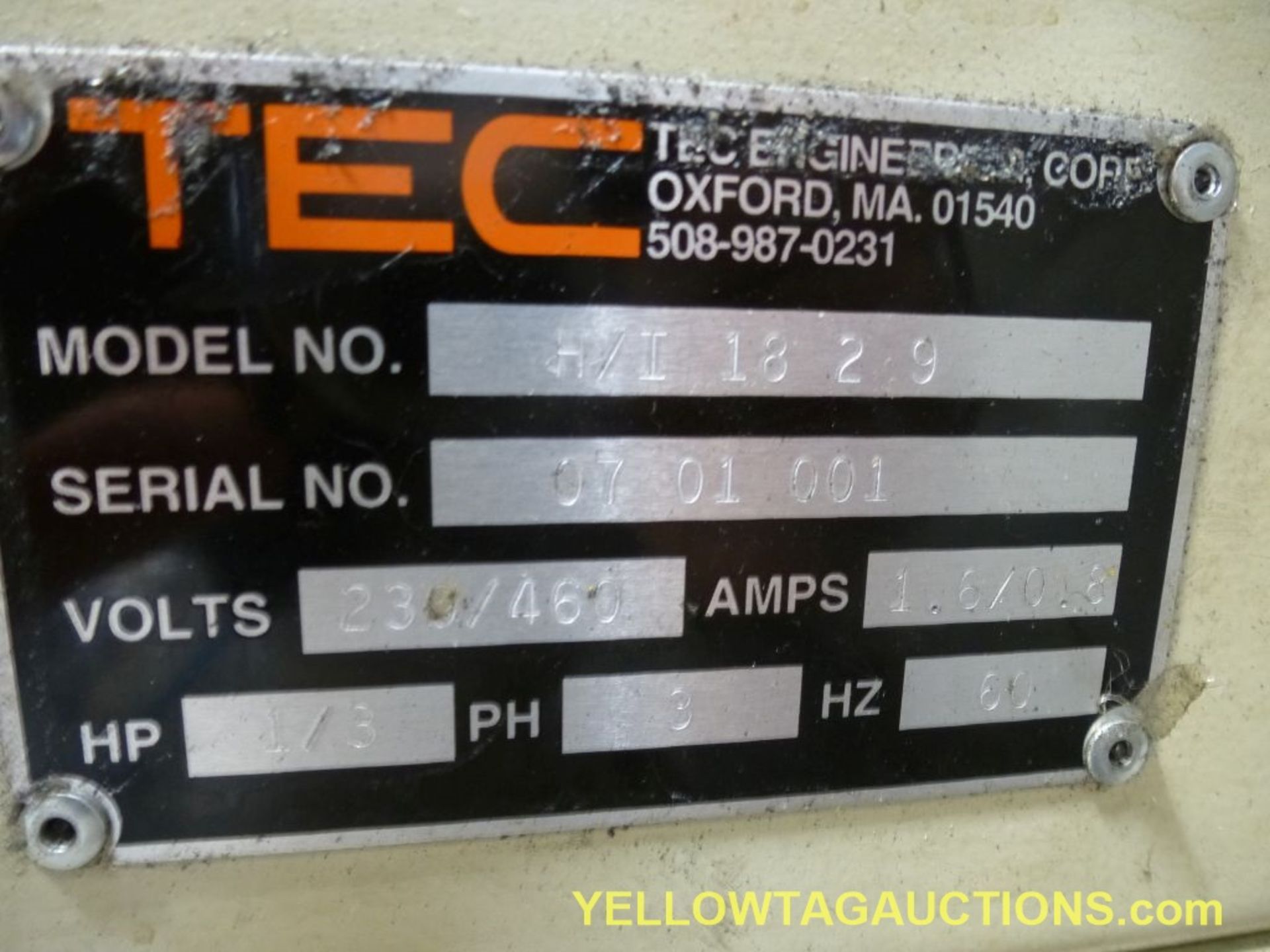 TEC Incline Conveyor|Model No. H/I 18 29; Serial No. 07 01 001; 230/460V; 1/3 HP; Length: 110"; - Image 14 of 15