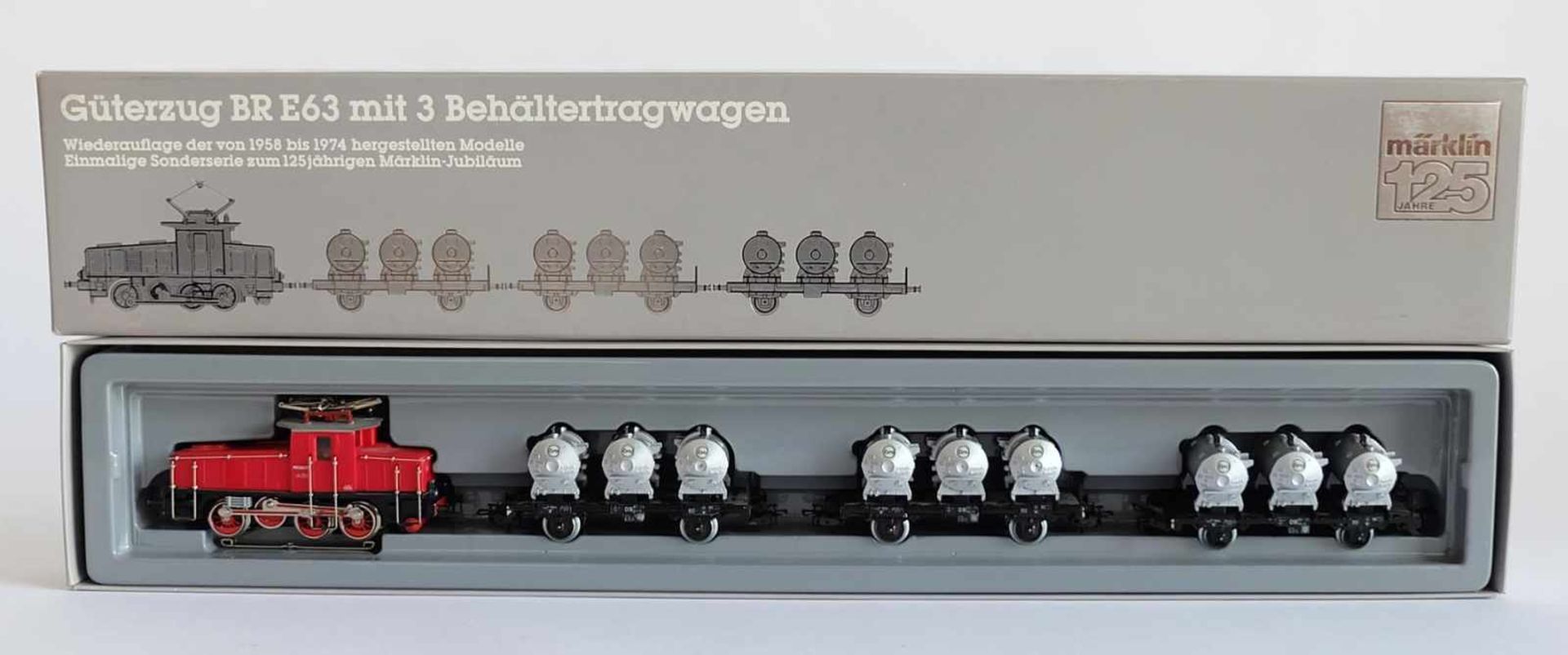 ZUGPACKUNG, Güterzug mit 3 Behälterwagen, BR E63, Sonderserie zum 125jährigen Märklin-Jubiläum,