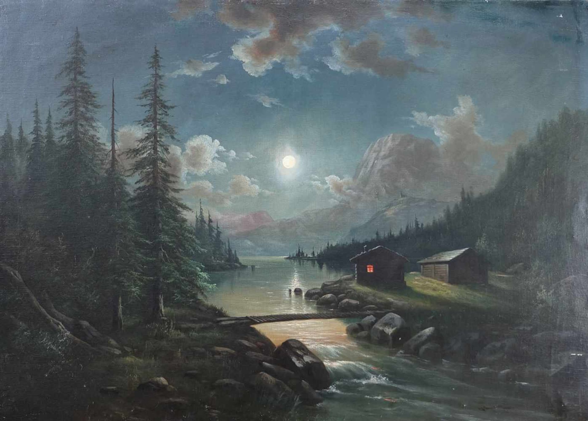 ANONYMUS, 19./20.Jh., Öl/ Leinwand, Vollmond über Gebirgslandschaft, 50,5 x 70,5 cm