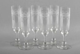 SECHS SEKTFLÖTEN, farbloses Glas mit Zierätzung, H 18, FRANKREICH, um 1900