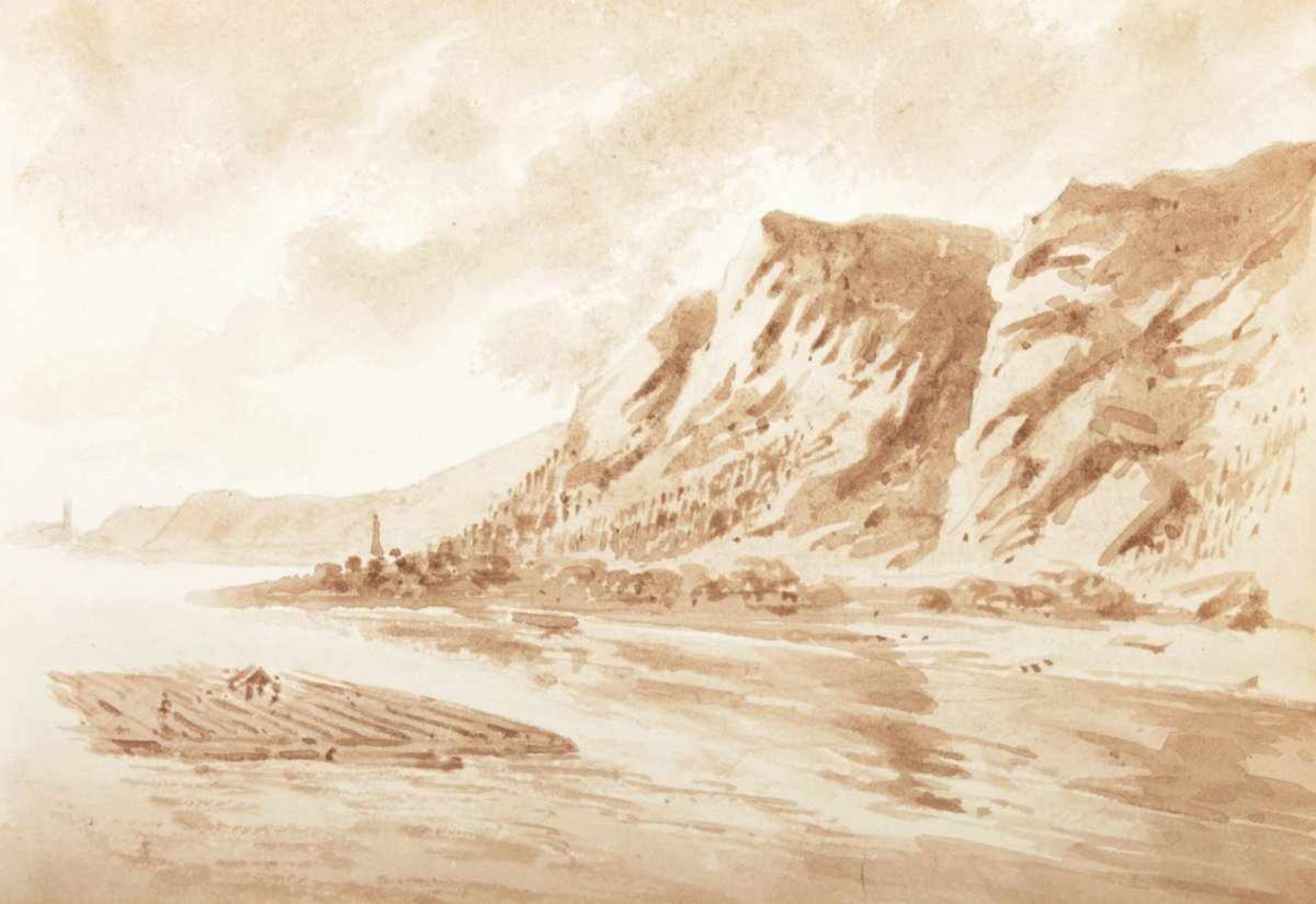 MAURO, A., (Zeichner 1.H.19.Jh.) "Floß auf dem Rhein", Sepia/Papier, 11,5 x 16,5, verso mit