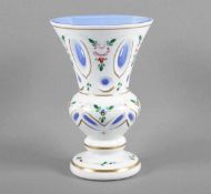 VASE, Glas, weiß und blau überfangen, beschliffen und bemalt, H 21, BÖHMEN, um 1900