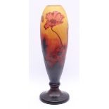 JUGENDSTIL-VASE, farbloses Glas, satiniert, gelb getönt, karmesinrote, gekämmte