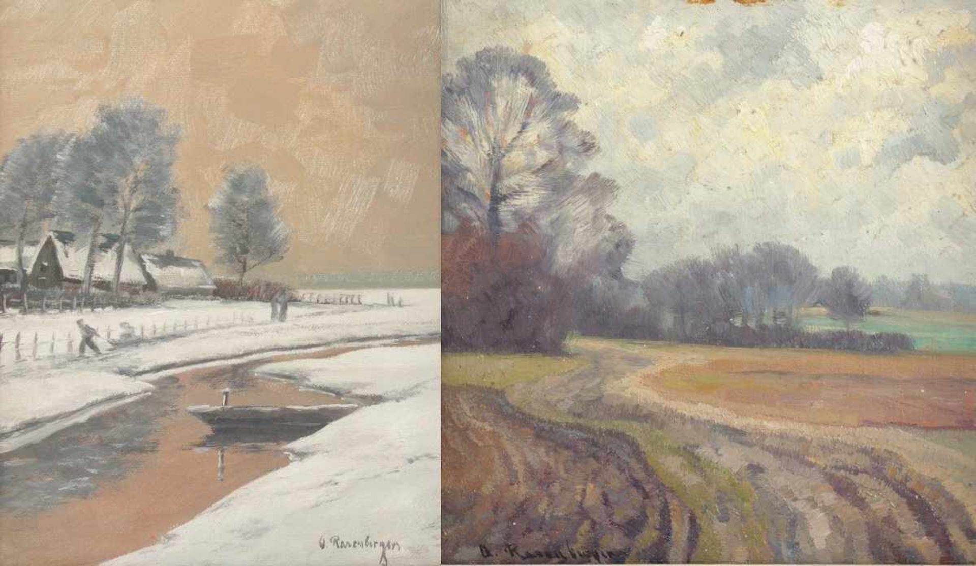RASENBERGER, Alfred (1885-1949), zwei Bilder, "Niederrheinlandschaften", Öl/Lwd., 24 x 18, sowie