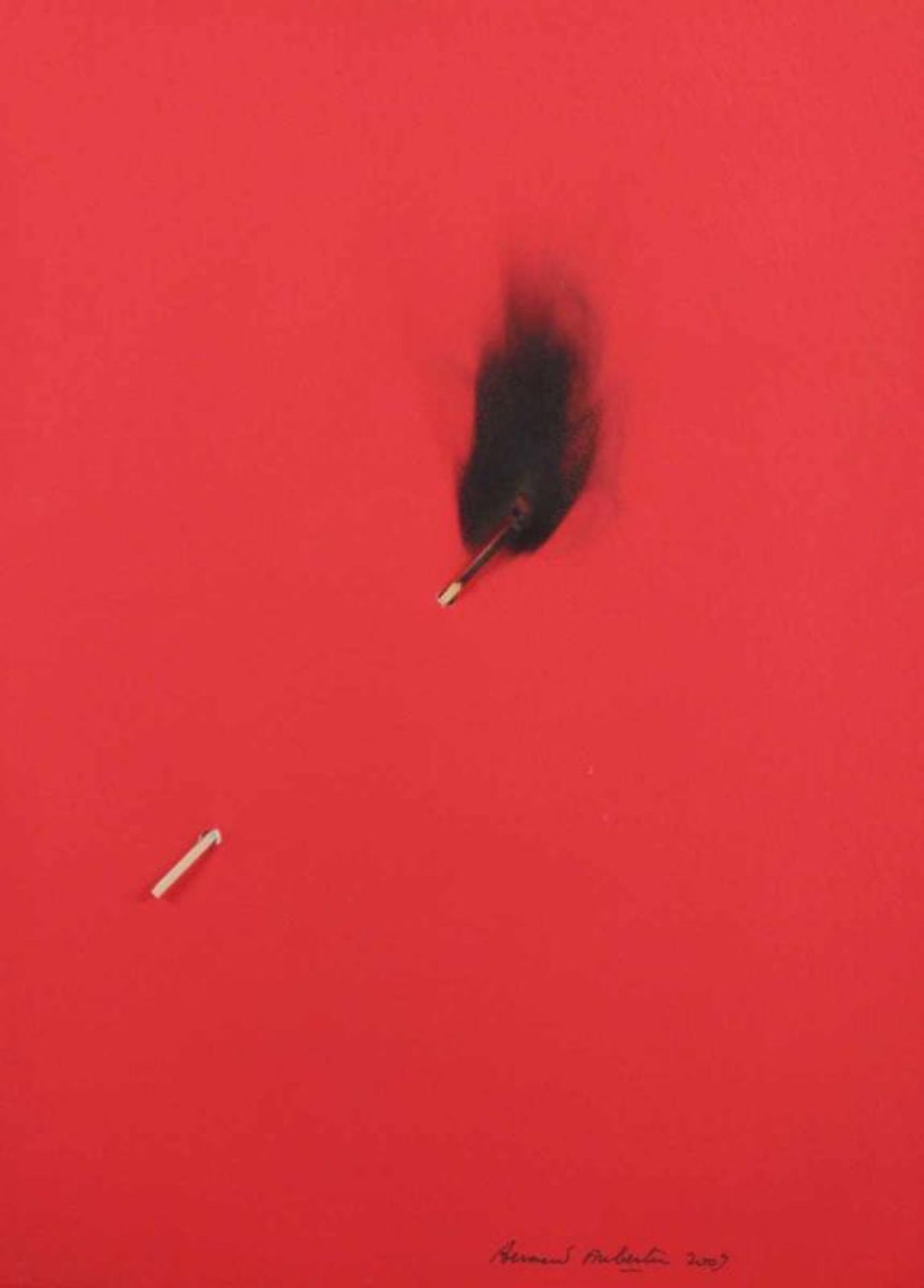 AUBERTIN, Bernard, "o.T.", Collage mit Streichholz, auf rotem Grund, 48 x 36, unten handsigniert und