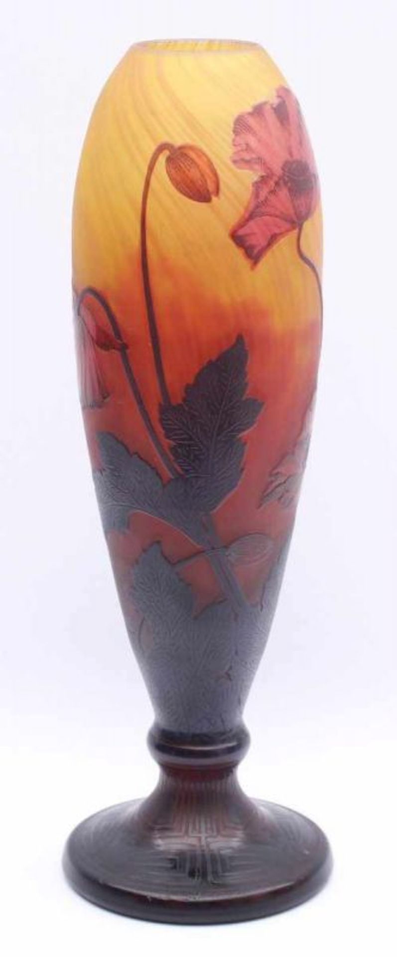 JUGENDSTIL-VASE, farbloses Glas, satiniert, gelb getönt, karmesinrote, gekämmte - Bild 3 aus 6