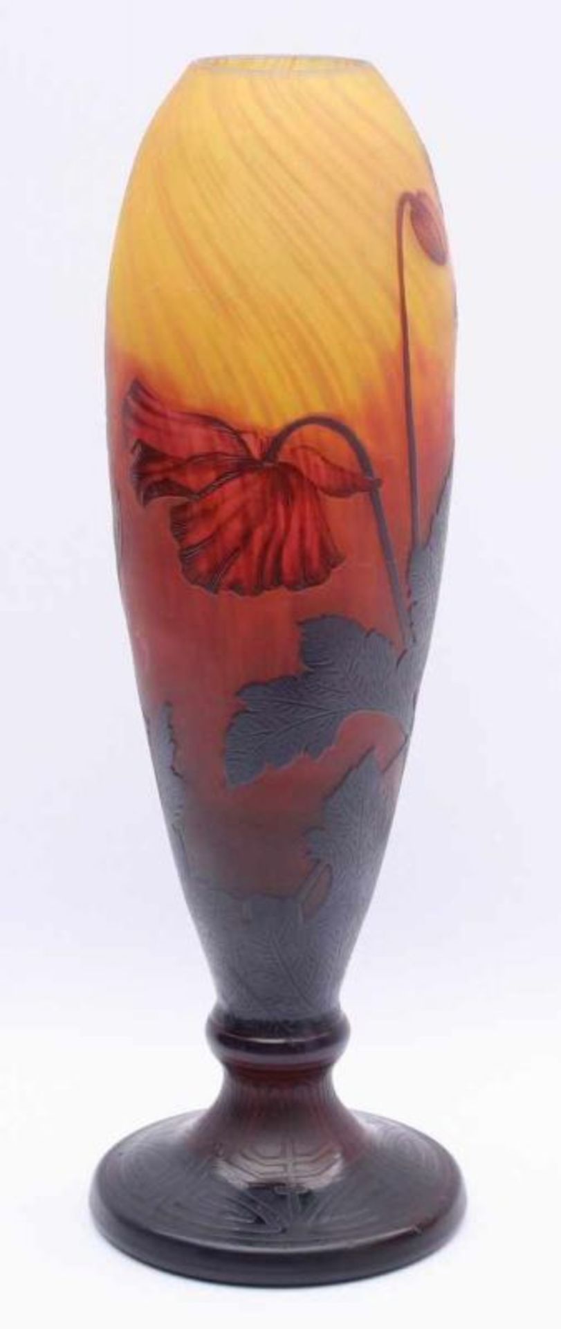 JUGENDSTIL-VASE, farbloses Glas, satiniert, gelb getönt, karmesinrote, gekämmte - Bild 4 aus 6