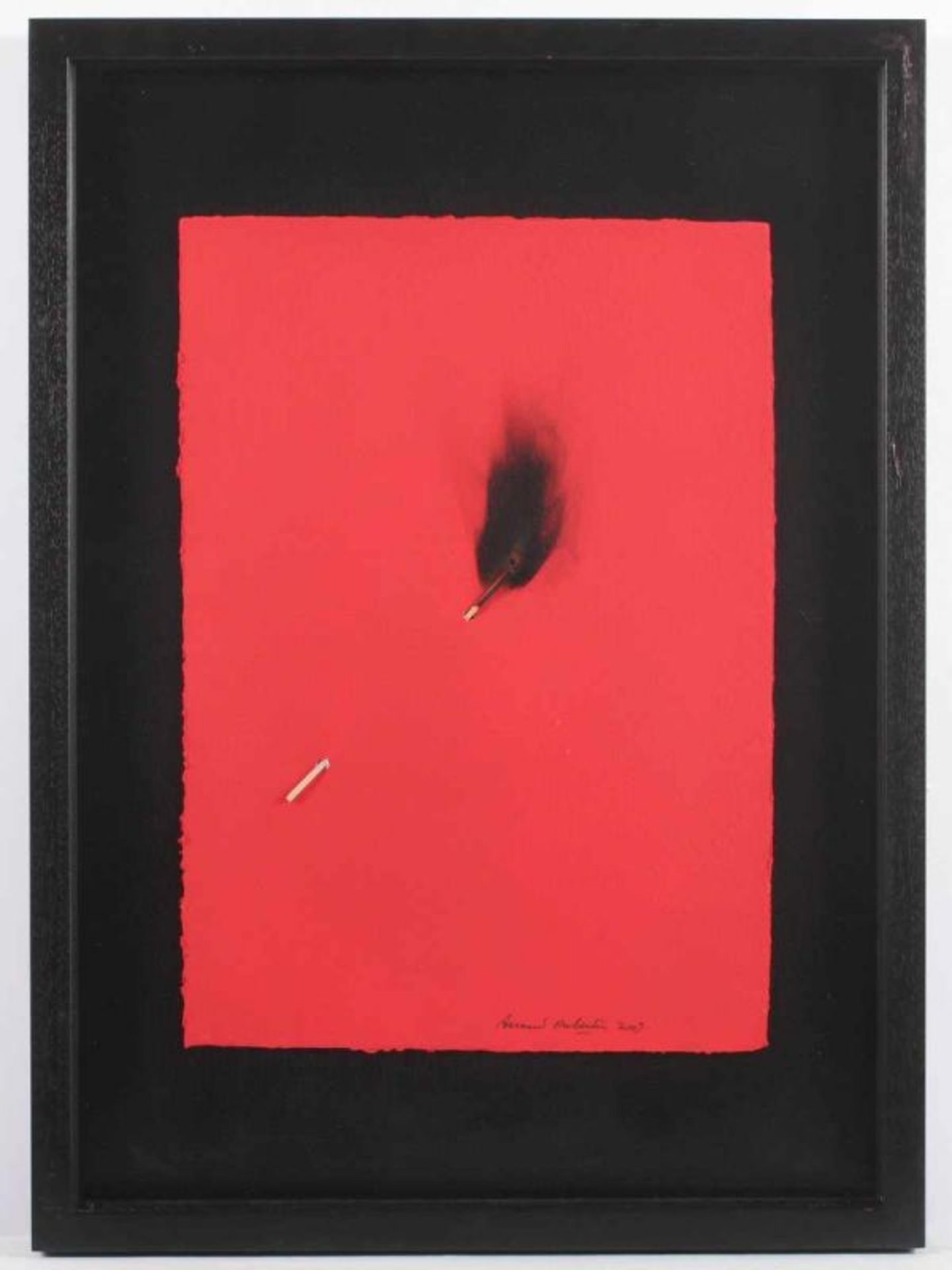 AUBERTIN, Bernard, "o.T.", Collage mit Streichholz, auf rotem Grund, 48 x 36, unten handsigniert und - Image 2 of 2