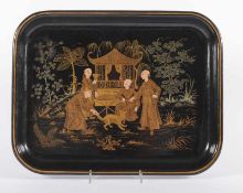 TABLETT, Pappmaché, Schwarzlack, bemalt mit Chinoiserie, 31,5, x 24,5, min.ber., wohl ENGLAND, 20.