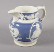 MILCHKÄNNCHEN, blaue Jasperware, weiße Reliefauflagen, H 8, Haarriss, WEGDWOOD, ENGLAND, 19.Jh. 22.