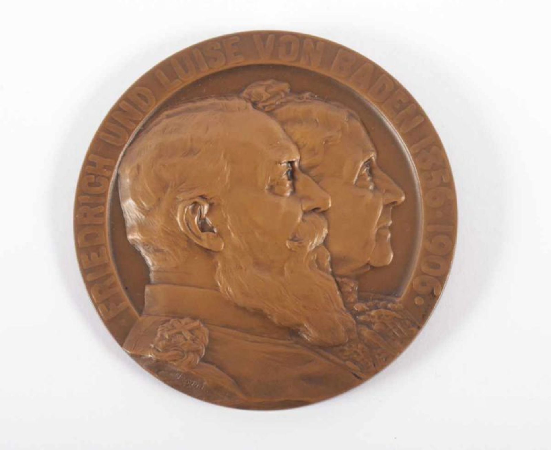 JUBILÄUMSMEDAILLE, mit dem Portrait von Friedrich und Luise von Baden, Bronze, Dm 8, datiert 1906