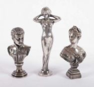 3 PETSCHAFTE, Bronze/Metall, versilbert, Jugendstildame, Frauen- und Kinderbüste, H bis11, E.19.