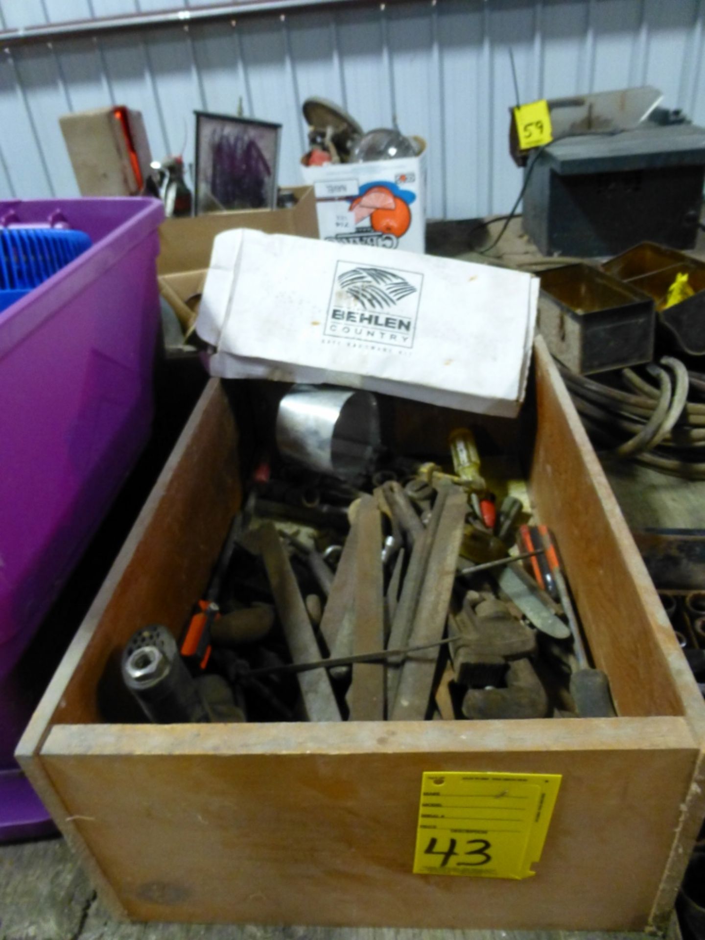 Box w/ tools, files, pipe wrench, etc.