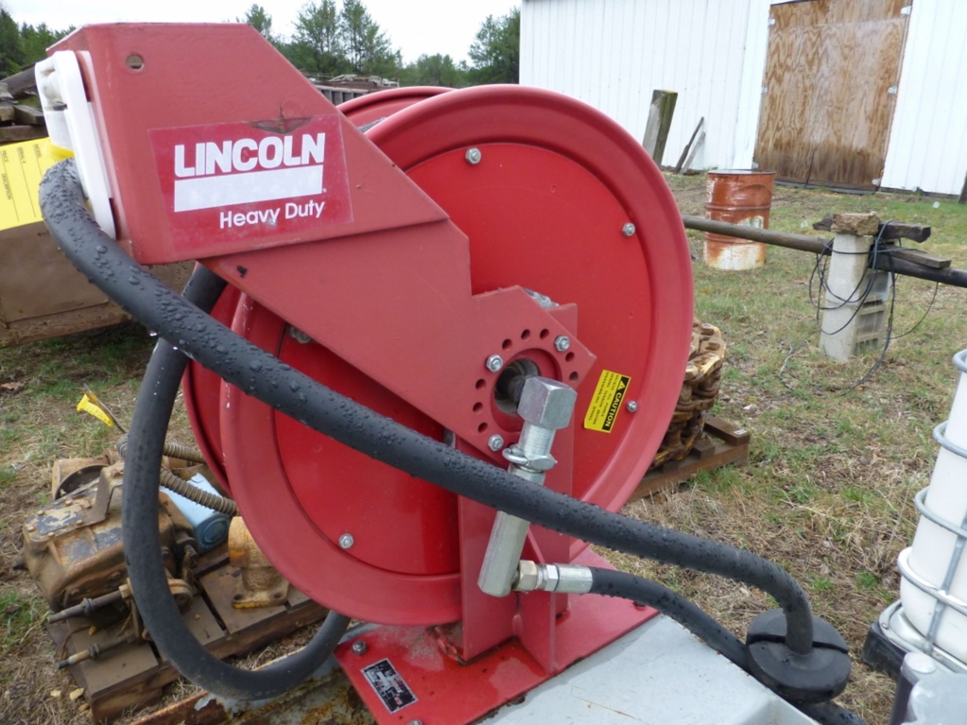 Metal oil tank with pump, hose, and reel - Image 4 of 6