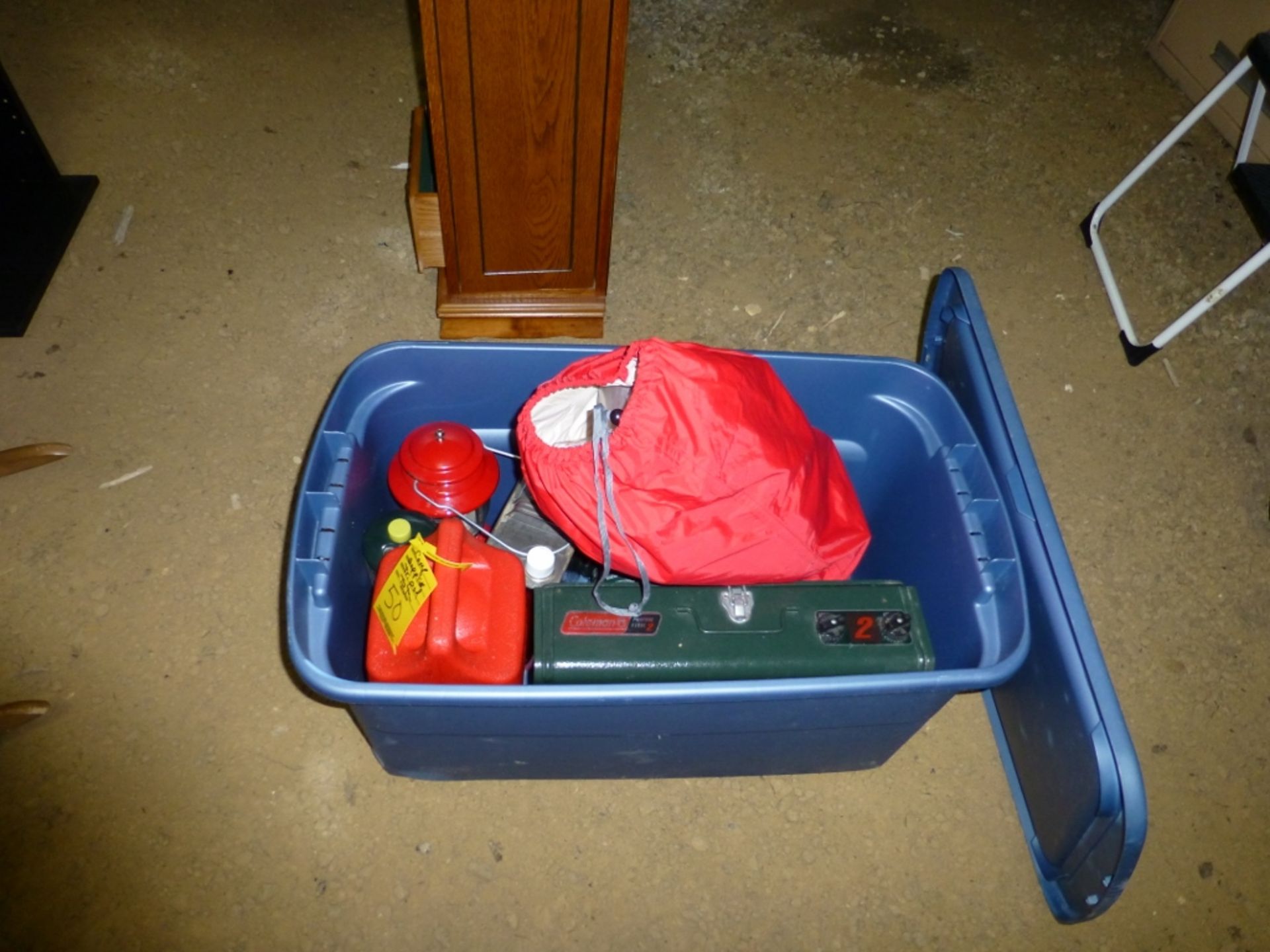 Rubber tote with Coleman camp supplies, propane stove, tanks, tripod, lantern, camp fuel! - Image 2 of 4