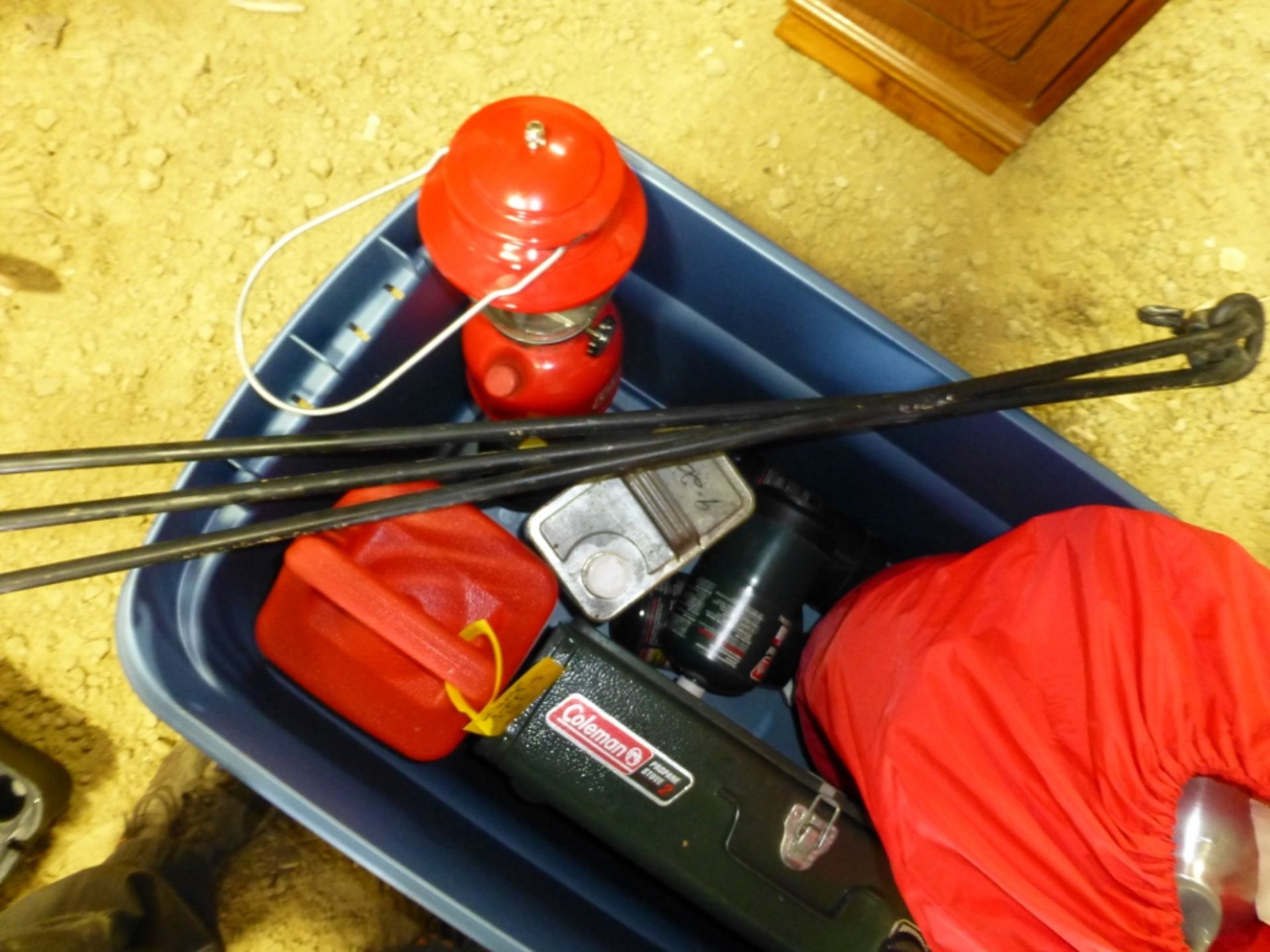 Rubber tote with Coleman camp supplies, propane stove, tanks, tripod, lantern, camp fuel! - Image 4 of 4