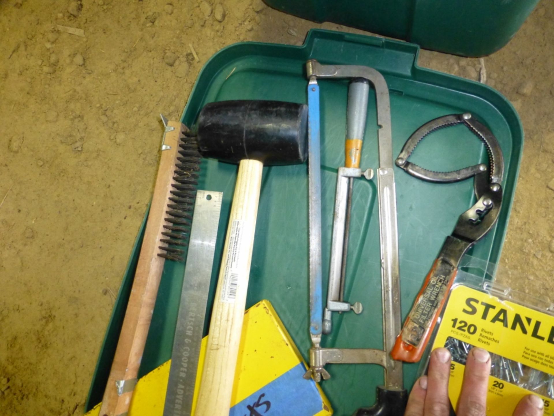 Rubber tote with level, saws, pop-rivets, rubber mallet, wire brush- everything you need! - Image 5 of 6